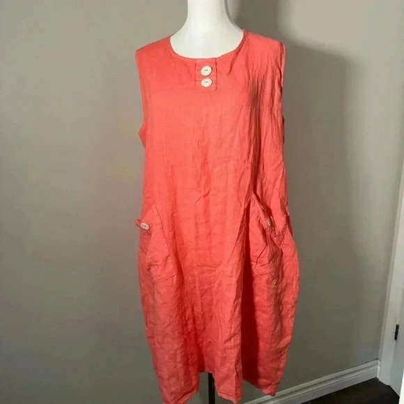 Coral Italian 100% linen dress  L - Picture 3 of 6